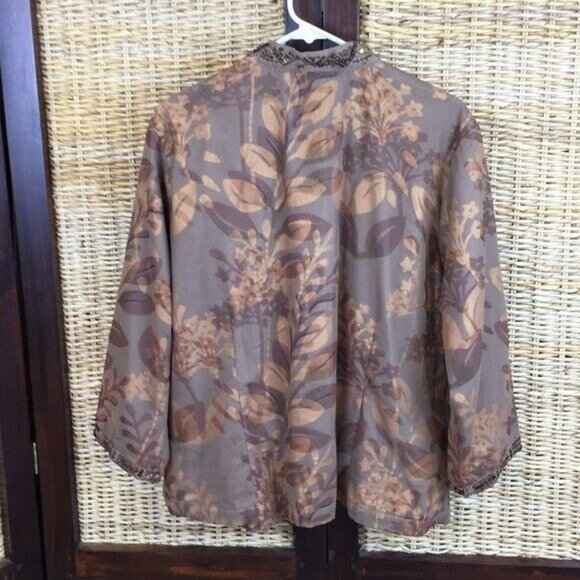 Chico's Jacket Blazer Bead Detail Netting Brown Floral Leaf Pattern XL Chico's 3 - Picture 2 of 5